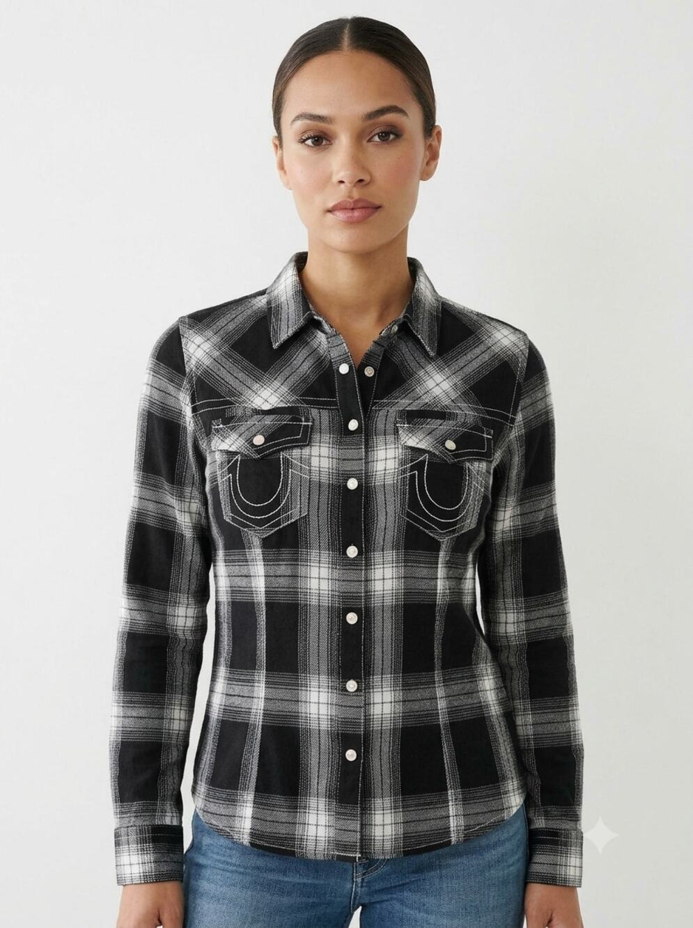 True Religion Slim Button Down Shirt Women's XL Black White Plaid Flap Pocket